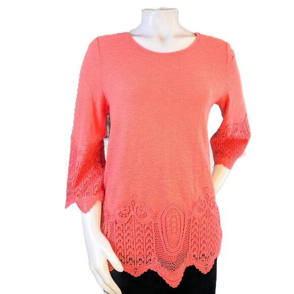 Adrianna Papell Top Blouse Small Sugar Coral Cotton Crochet Trim Gauzy Crepe - Picture 2 of 10